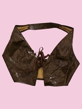 Giykbx New Brown Faux-Leather Lace-Up Halter Tank Top